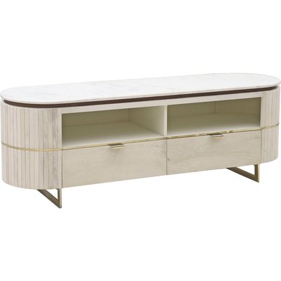 Meuble TV design arrondi en bois de manguier et marbre naturel RECOLLECTION