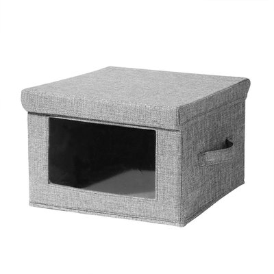 Boîte rangement tissu effet lin gris avec fenêtre transparente - L40 cm CALICOSY