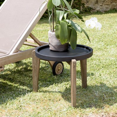 Table d'appoint ronde pour jardin béton noir mat et pieds bois HERCULE PIER IMPORT