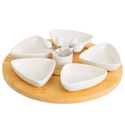 Set 6 coupelles en porcelaine avec piques et plateau bambou rond WADIGA