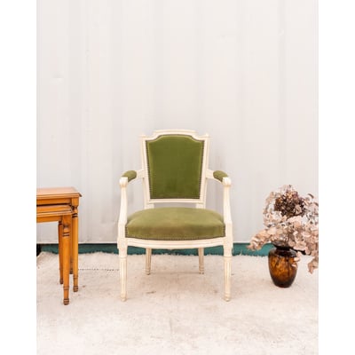 Fauteuil en bois et velours vert Ernest N°1060 - Bon état DEBONGOUT