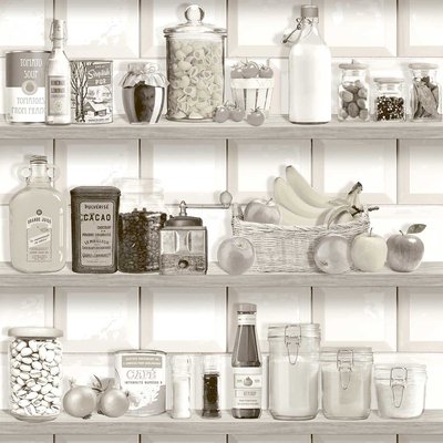 Papier peint étagère cuisine vintage sépia blanc HEXOA