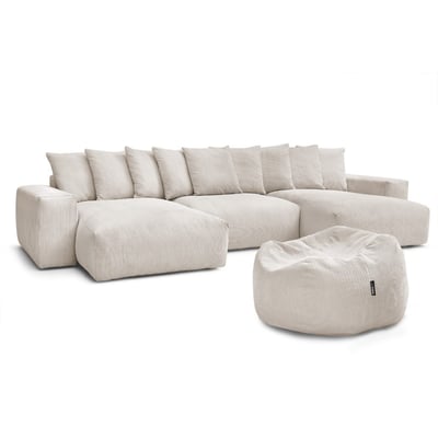 Canapé panoramique fixe 7 places en velours côtelé avec pouf, VOLTAIRE BOBOCHIC