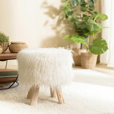 Tabouret rond blanc pieds bois style scandinave TIM PIER IMPORT