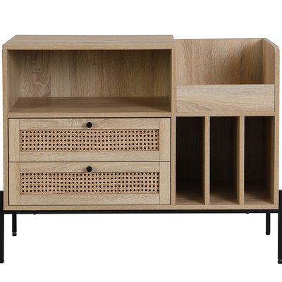 Meuble range vinyles 2 tiroirs en cannage et effet chêne - IRIS HOMIFAB