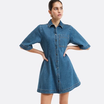 Denim Full Mini Dress with Front Press-Stud Fastening and Short Sleeves LA REDOUTE COLLECTIONS