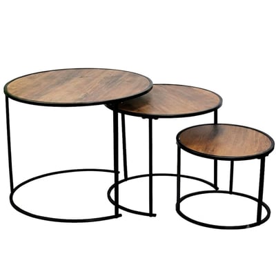 Set de 3 tables basses rondes gigognes bois et métal noir 50x50x46cm WADIGA