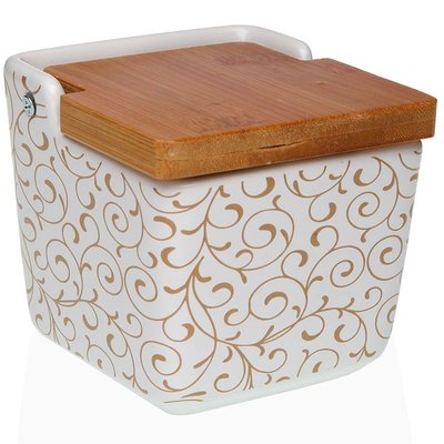Pot à sel en céramique et couvercle bambou fleurs 9x9x8.5cm VERSA