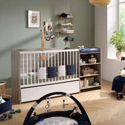 Lit bébé combiné évolutif en décor bois avec commode à langer étagère BABY PRICE