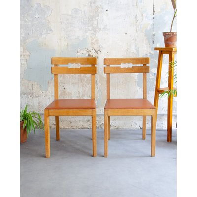 Paire de chaises en cuir camel Alma N°1535 - Bon état DEBONGOUT