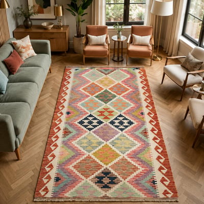 Tapis kilim, motif ethnique authentique, tissé plat en laine UN AMOUR DE TAPIS