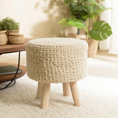 Petit tabouret rond laine tressée et bois TIM PIER IMPORT