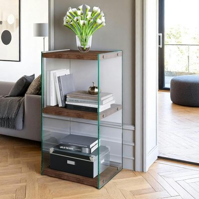Colonne vitrine design - bois brun, 3 plateaux LHASA PIER IMPORT