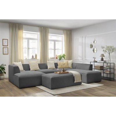 Canapé panoramique fixe 6 places en velours côtelé avec pouf, MEGEVE BOBOCHIC