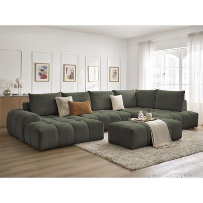 Canapé panoramique convertible 7 places en tissu chiné avec pouf, EVEREST BOBOCHIC