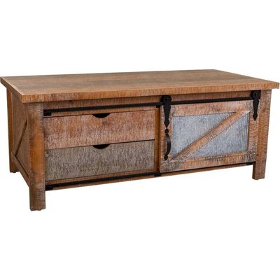 table basse bois et métal style industriel coloré avec tiroirs RECOLLECTION