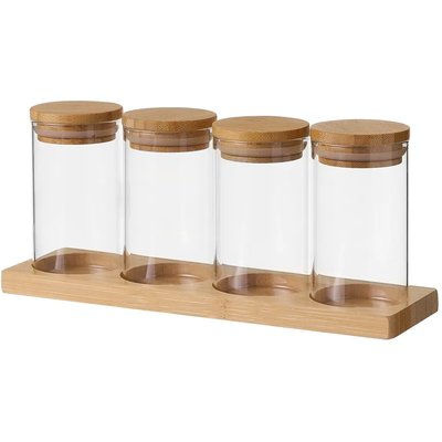 Set de 4 pots à épices en verre et plateau en bambou WADIGA