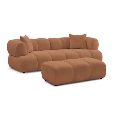 Canapé droit fixe 3 places en tissu bouclette avec pouf, PAMIRA BOBOCHIC