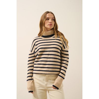 Pull Col Roulé Bi-Color Sable + Navy Orélis JUST CASHMERE
