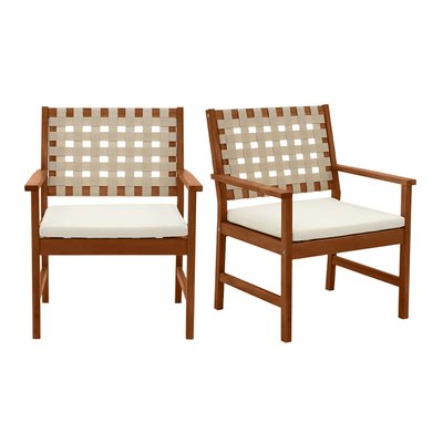 Fauteuils de jardin en bois massif avec coussin blanc et sangles beiges (lot de 2) SANTANA MILIBOO