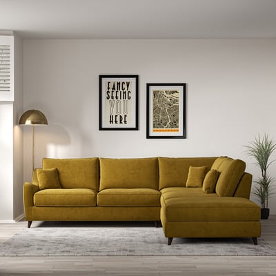 Amelia Velvet Corner Sofa & Modular Footstool Set with Dark Wood Legs (Right Facing) ÉDITÉ