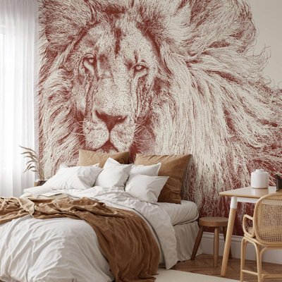 Papier peint panoramique avec visage de lion, tons de sable - 510x260 cm (l x h) LA TOUCHE ORIGINALE