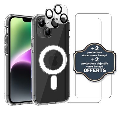 Coque Anti-choc compatible Magsafe pour Iphone 14 Transparente + 2 protections écran et 2 protections objectif caméra EVETANE