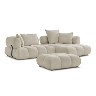Canapé d'angle fixe 4 places en tissu bouclette avec pouf, ALYA BOBOCHIC