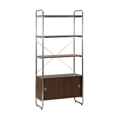 Etagère bibliothèque métal chromé et décor bois 2 portes coulissantes 5 niveaux LENNOX SWEEEK