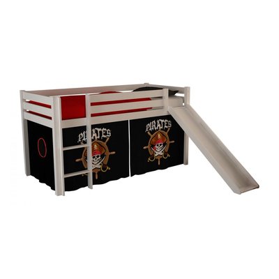 PINO Lit mezzanine avec toboggan pin massif + Rideau de lit Pirate VIPACK