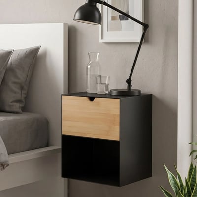 Chevet suspendu cube en métal et bambou 1 tiroir 1 niche - JANIE HELLIN, DEPUIS 1862