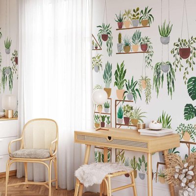 Papier peint panoramique avec plantes intérieurs et pots - 340x260 cm (l x h) LA TOUCHE ORIGINALE