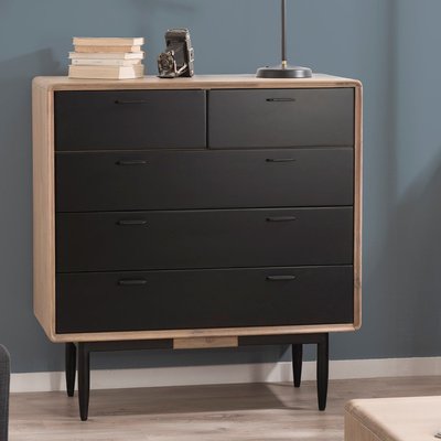 Commode contemporain en bois massif naturel et noir 5 tiroirs 100cm PALMEIRA PIER IMPORT