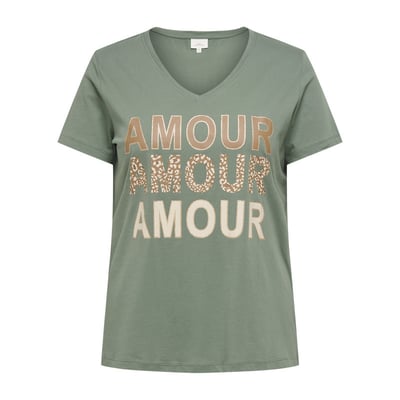 T-shirt en coton biologique kaki avec un imprimé et une coupe ajustée ONLY CARMAKOMA