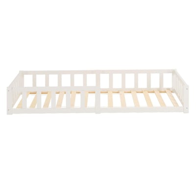 Lit enfant Montessori 90x200 cm blanc, bois massif, sommier, barrière, entrée réversible HOMESTYLE4U