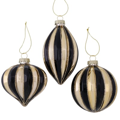 Set de 3 boules de Noël rayées noires et dorées peintes à la main 8x8x12.5cm WADIGA