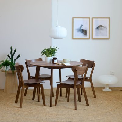 Table ronde en bois noyer D105 + 4 chaises noyer - LETA HELLIN, DEPUIS 1862
