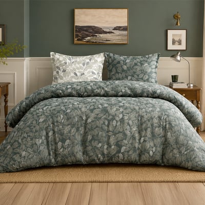 Parure de lit en percale de coton motif feuillages, EMERIDE ATELIER DU COTON