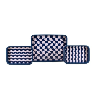 Set de 3 plateaux damiers et rayures bleu et blanc ORNAMI