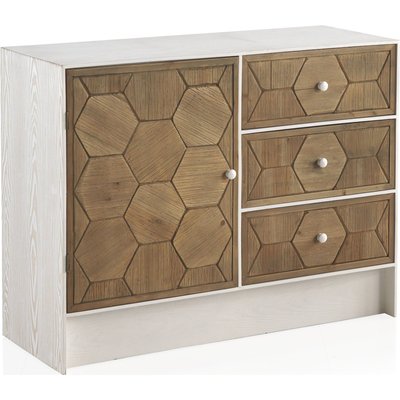 Commode blanche bois de fresno porte et tiroirs décor hexagonal RECOLLECTION