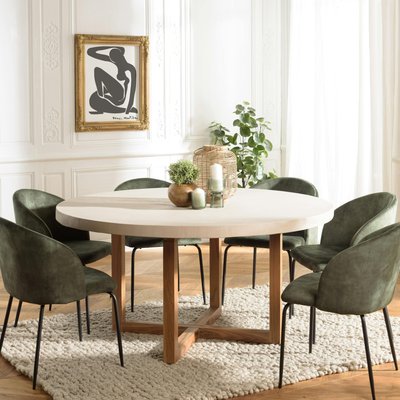 Table à manger ronde béton beige pieds bois croisés DIKA PIER IMPORT