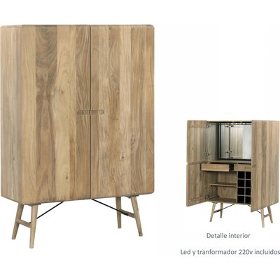 Meuble bar acacia naturel avec miroir LED et rangement élégant RECOLLECTION