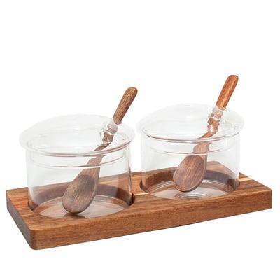 Set de 2 pots à sucre en verre avec support et cuillères 19.5x10x8cm WADIGA