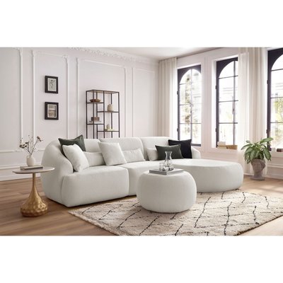 Canapé d'angle fixe 4 places en tissu bouclette avec pouf, ALESIA BOBOCHIC