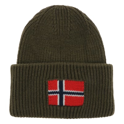 Bonnet kaki en maille tricotée avec un large revers et logo NAPAPIJRI