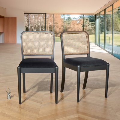 Lot de 2 chaises en hévéa noir, rotin et velours ARTHUR ROBIN DES BOIS