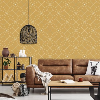 Papier peint graphique jaune moutarde HEXOA