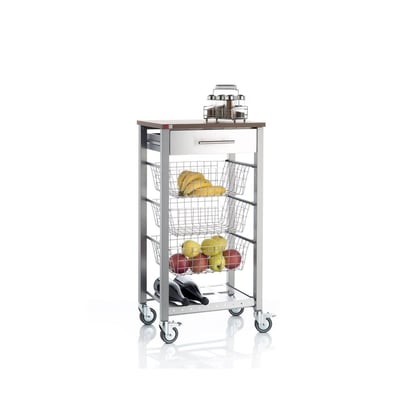Desserte de cuisine à roulettes ONDA ALUMINIUM avec 3 paniers, tiroir et porte-bouteilles DON HIERRO