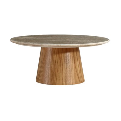 Table basse D80 cm marbre marron placage chêne ZAGO