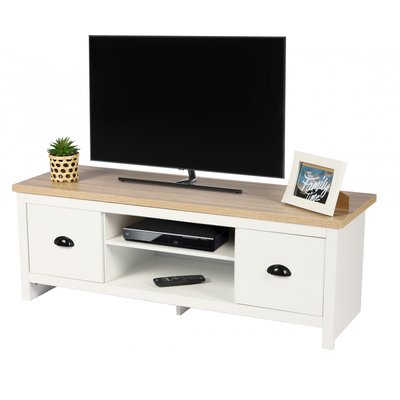 Meuble de télévision bois et blanc 2 tiroirs - 120x39.5x42.5cm WADIGA